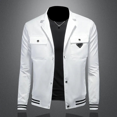 Men's slim fit solid color fashion jacket with lapel collar and striped cuff design 🧥✨