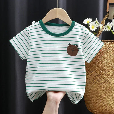 Baby summer cotton T-shirt with green stripes and cute cartoon bear print for toddlers
