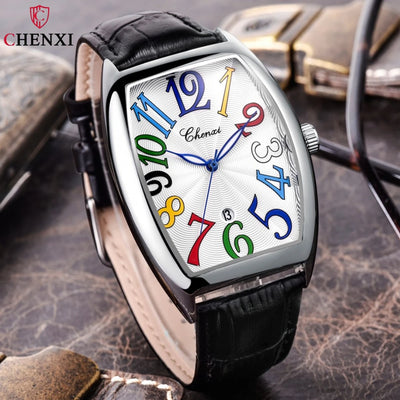 CHENXI men’s watch with colorful numerals, curved glass dial, black leather strap, and luminous hands