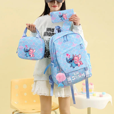 Lilo & Stitch mermaid-scale girls backpack set with lunch bag and pencil case in pastel blue and pink
