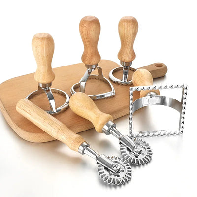 Stainless steel ravioli stamp and pastry wheel set with wooden handles for cookies dumplings and pasta