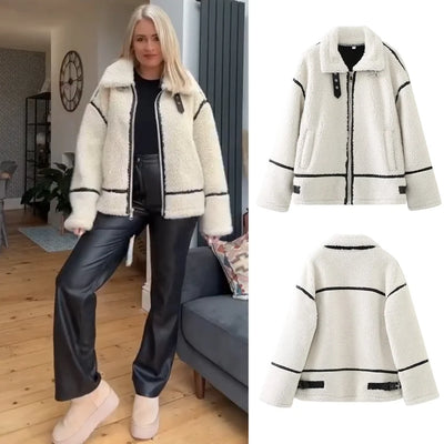 PB&ZA women’s contrast color lamb wool plush winter jacket with black trim – warm and casual coat