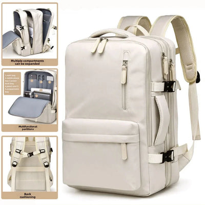 Inside Cream airplane cabin backpack 40x30x20 cm with large capacity for travel, school, and laptop storage