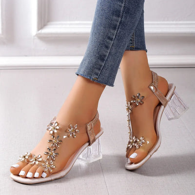Women’s PVC crystal flower chunky heel sandals with transparent straps and back strap – elegant summer shoes