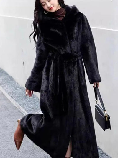 Women’s black faux fur long coat with hood – oversized elegant winter jacket