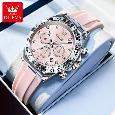 OLEVS women’s luxury chronograph watch with pink dial, silicone strap, and waterproof quartz movement