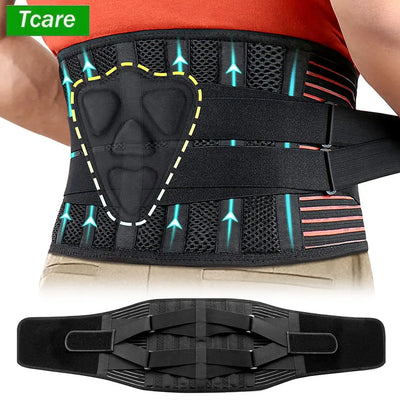 Breathable black lumbar support back brace for lower back pain and heavy lifting