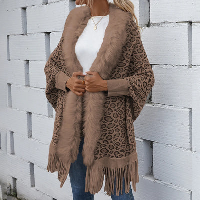 Women’s leopard knit shawl coat with faux fur collar and fringe hem – winter 2025