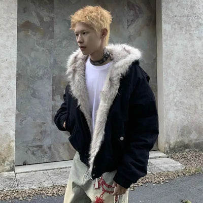 Man wearing retro hooded cotton jacket with faux wool collar and casual winter streetwear style 🧥❄️