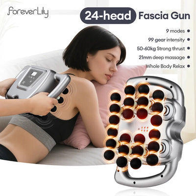 24-head fascia massage gun with 99 vibration levels for deep tissue muscle relief in back, neck, waist and shoulders