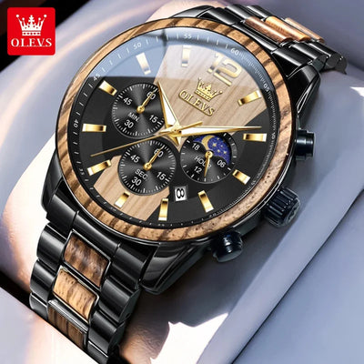 OLEVS men’s wooden chronograph watch with night light and retro quartz design