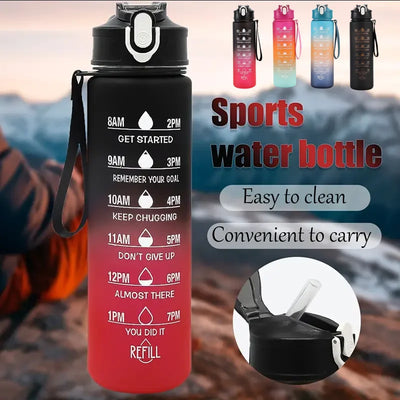 Sports water bottle with time marker, straw, and leak-proof flip cover for outdoor fitness and hydration