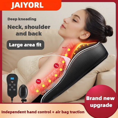 Electric shiatsu neck and back massager pillow with heat, vibration, and cervical traction for car and home use