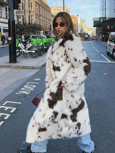 TRAFZA women’s long faux fur coat with brown and white animal print, thick winter lapel jacket