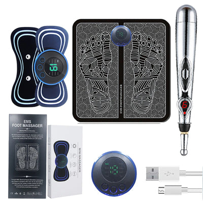 Electric EMS foot massager and portable massage pen set for full body relaxation, circulation improvement, and fatigue relief