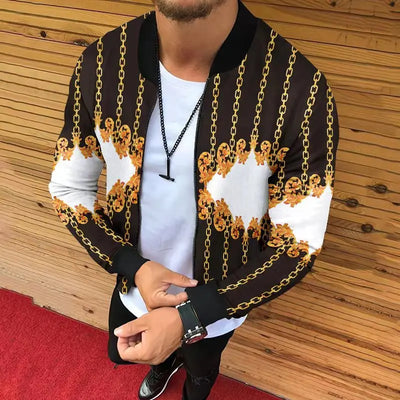 Men's bomber jacket with gold chain baroque print, polyester fabric, zip-up, streetwear style