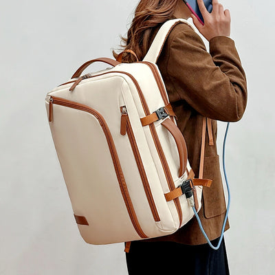 Cream and brown large capacity unisex laptop and travel backpack with multiple compartment