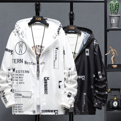 Men’s lightweight hooded jacket with bold letter print and zipper closure 🧥🌞