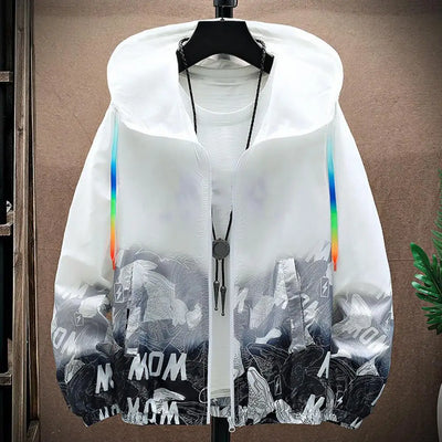 Men's lightweight sun protection windbreaker with printed design and rainbow hood strings 🧥🌤️