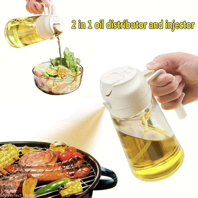 2-in-1 500ml oil sprayer and dispenser bottle with gravity lid, anti-clogging filter, and ergonomic handle for cooking, BBQ, and baking
