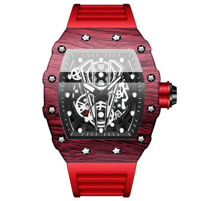 Men’s red skeleton dial sports chronograph watch with silicone strap