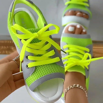 Women’s neon green mesh platform sandals with lace-up design and chunky sole – sporty peep toe summer shoes