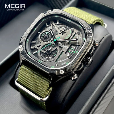 MEGIR men’s black square chronograph watch with luminous hands, nylon strap, and waterproof design