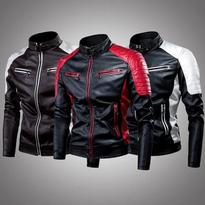 Men's classic biker leather jackets in black, red, and white contrast colors 🏍️🖤