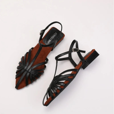 Black low heel Roman-style women’s sandals with strappy design and open toe – summer footwear