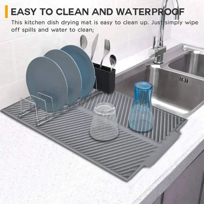 Silicone dish drying mat on kitchen counter, waterproof non-slip drain pad for plates, cups, and utensils