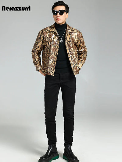 Man wearing bold snakeskin PU leather jacket with turn-down collar and streetwear styling 🐍🖤
