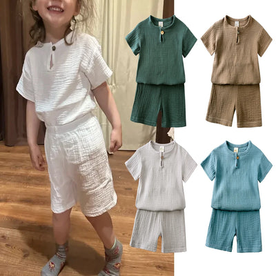 Linen cotton summer kids clothing set with short sleeve T-shirt and shorts for boys and girls