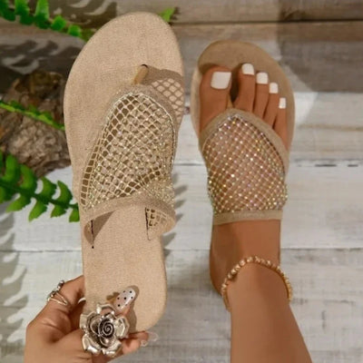 Beige women’s mesh slip-on flat sandals with rhinestone detailing – summer hollow flip flops for casual wear