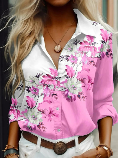 Women's pink and white long-sleeve shirt with 3D floral print and full button-up front