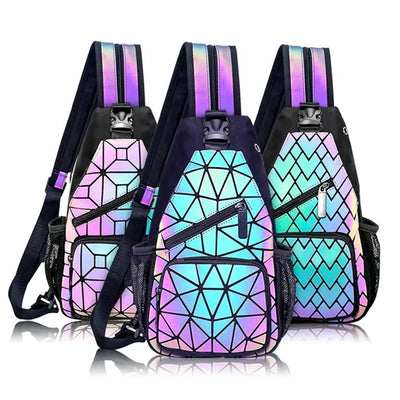 Reflective geometric crossbody backpacks in holographic colors for men and women