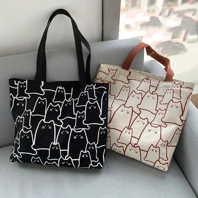 Black and beige cute cat canvas tote bags with Japanese cartoon design, women’s shopper shoulder handbags