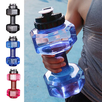Blue dumbbell-shaped sports water bottle for fitness and strength training