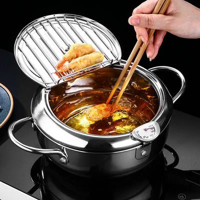 Japanese stainless steel deep frying pot with built-in thermometer and oil drain lid for tempura and fried food cooking