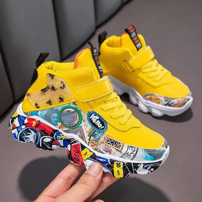 Yellow graffiti kids sneakers with colorful high-top design and durable platform sole