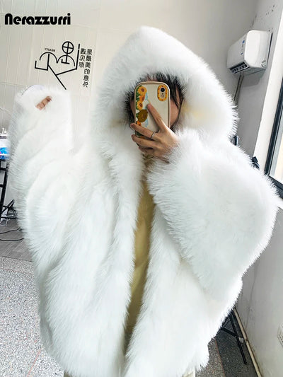 Nerazzurri oversized faux fur coat – women’s hooded winter jacket in white