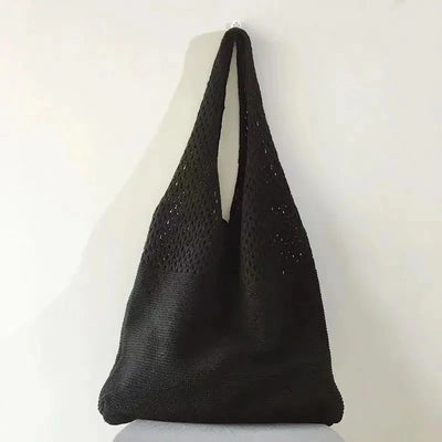 Black crochet tote bag with retro knitted design, hollow braided detailing, women’s large capacity shoulder shopper handbag