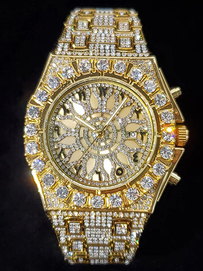 Gold men’s iced-out luxury watch with big diamond bezel and calendar