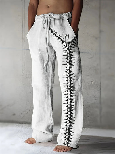 White men's lounge pants with bold zipper print design on the side 🖤