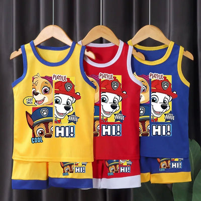 Kids PAW Patrol cartoon sports outfit – breathable quick-dry mesh vest and shorts set in red, yellow, and blue colors