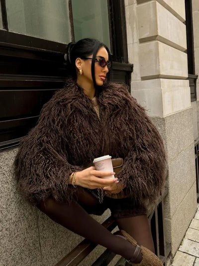 Women’s short brown faux fur winter jacket – loose fit round neck chic outerwear