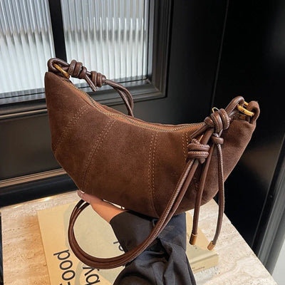 Brown velvet suede crossbody bag with knotted leather strap and zipper closure – stylish women’s shoulder handbag 2025