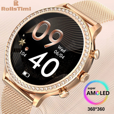 RollsTimi luxury women’s smartwatch in rose gold with crystal bezel, AMOLED display, Bluetooth calls, fitness tracking, and waterproof design