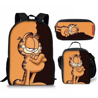 Garfield 3-piece backpack set with school bag, lunch bag, and pencil case featuring classic comic cat print