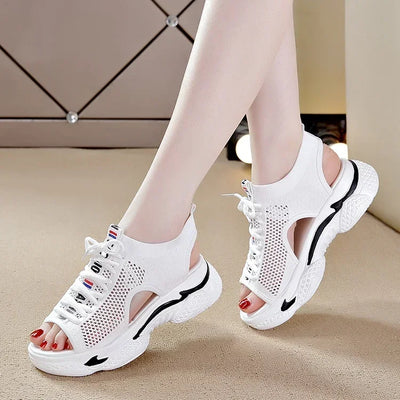 Women’s sporty platform sandals 2025 with breathable hollow mesh design – casual sneaker-style summer shoes