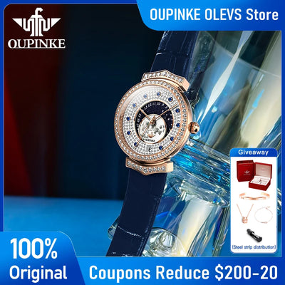OUPINKE women’s luxury diamond watch with quartz movement, waterproof leather strap, and matching bracelet gift set